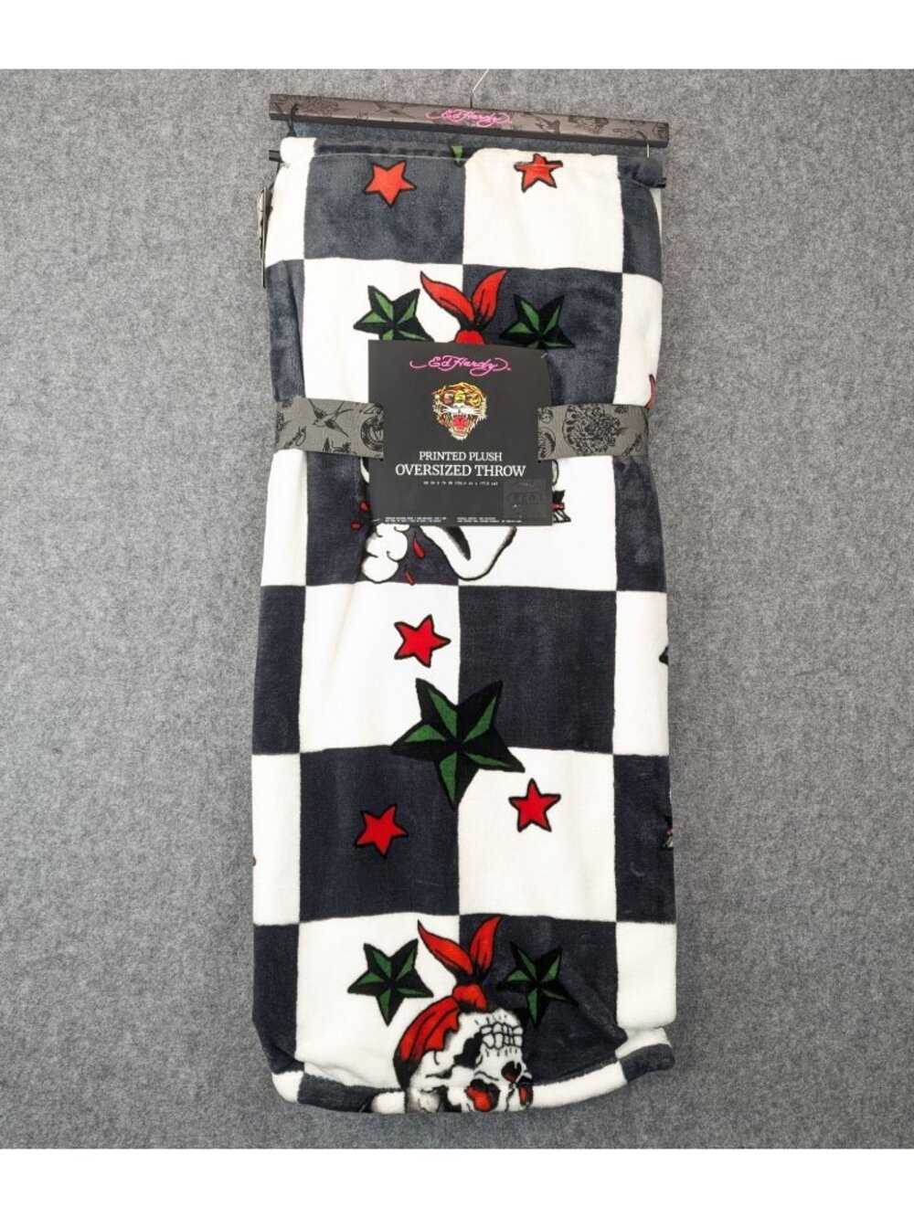 Ed Hardy Oversized Plush Throw Blanket Checkered w Skulls Tattoo Print